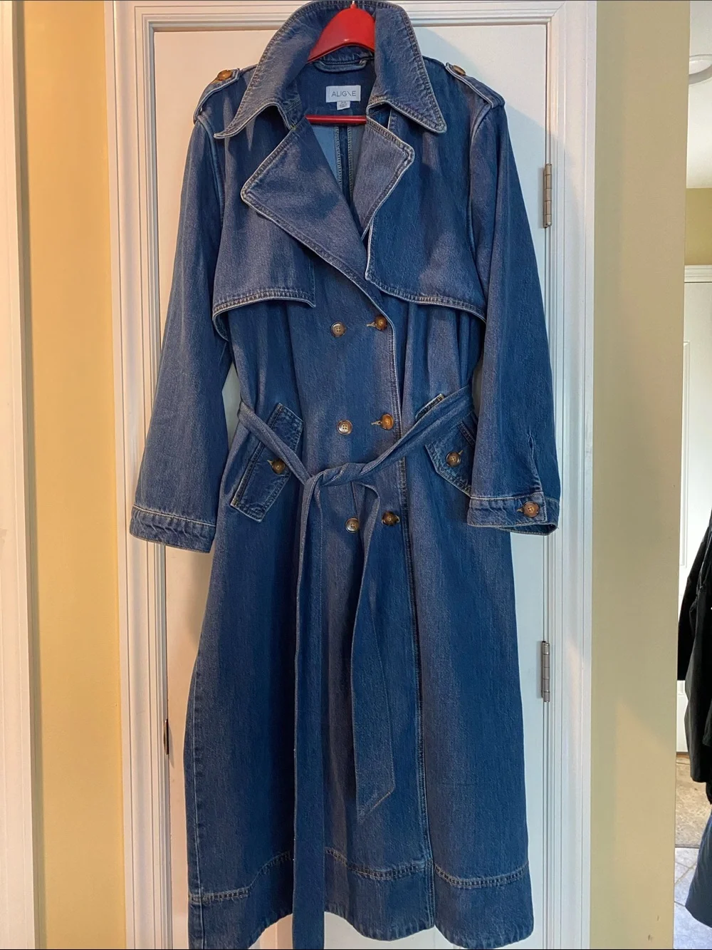Aligne 💯 Organic Cotton Long Denim Button Down Double Breasted Trench Coat NWOT